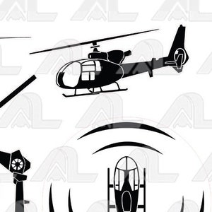 May include: Five black silhouette images of helicopters. One helicopter is flying with a circular pattern around it. The other four helicopters are in different positions.