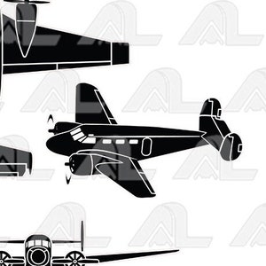 May include: Silhouette of four black airplanes in different positions. The airplanes are all the same model, with a long, narrow fuselage and a single tail.