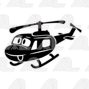May include: Black cartoon helicopter illustration with a smiling face, eyes, and a tongue. The helicopter has a rotor, tail rotor, and landing skids. The image is a graphic design, likely for stickers or apparel.