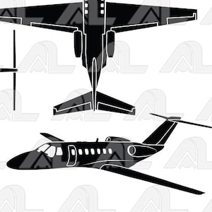 May include: Three black and white silhouette images of private jets. The top image shows a jet from a top-down view. The left image shows a jet from a side view. The right image shows a jet from a side view.