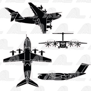 Könnte beinhalten: Silhouette von vier schwarzen Flugzeugen in verschiedenen Positionen. Die Flugzeuge sind alle vom gleichen Modell, aber aus verschiedenen Blickwinkeln dargestellt. Die Flugzeuge befinden sich alle im Flug.
