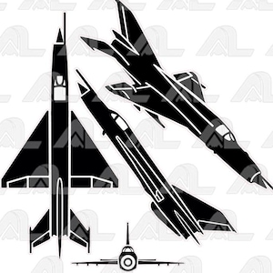 Könnte beinhalten: Silhouette von drei schwarzen Kampfjets, die in Formation fliegen. Die Jets fliegen in einer Dreiecksformation, wobei der führende Jet oben und die beiden anderen Jets dahinter fliegen.