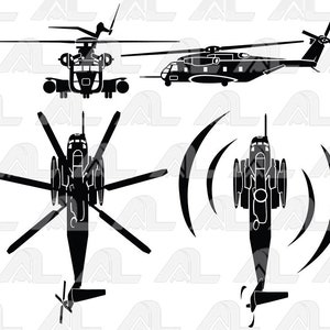 May include: A black silhouette of a helicopter in four different views: front, side, top, and bottom. The helicopter has a long, slender body with a large rotor on top and a smaller tail rotor.