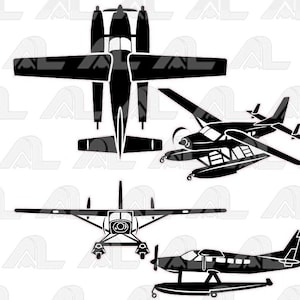 May include: Black and white illustrations of various seaplanes. The image includes top, side, and front views of different aircraft designs. The planes feature wings, propellers, and pontoons for water landings.
