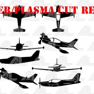 May include: Black and gray airplane silhouettes in various views, including top, side, and front profiles. The image includes the text "LASER/PLASMA CUT READY" in red, indicating the design is prepared for cutting.