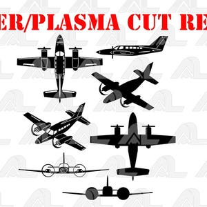 May include: A collection of black and gray airplane silhouettes in various designs. The phrase "LASER/PLASMA CUT READY" is printed in red at the top. The image features several different aircraft, including propeller planes and jets.