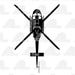 May include: Black silhouette of a helicopter viewed from above. The helicopter has a single rotor and a long tail.