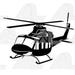 May include: A black and white silhouette of a helicopter with a single rotor blade. The helicopter is facing the right side of the image.