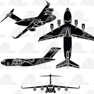 Puede incluir: Silueta de tres aviones de carga negros en diferentes posiciones. Los aviones están todos orientados en la misma dirección, pero uno está en el aire, otro en el suelo y otro en posición de aterrizaje.