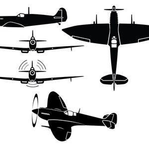 May include: Silhouette of a black and white World War II era fighter plane in five different positions. The plane is shown from the side, top, front, and bottom views.