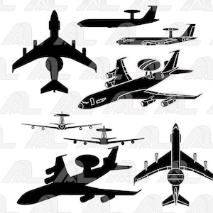 May include: A set of seven black silhouette images of various styles of airplanes. The airplanes are all facing forward and are in different positions.