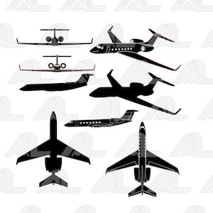 Pode incluir: Uma coleção de silhuetas de aviões pretos em várias vistas, incluindo perfis laterais, vistas de cima e frontais. Os designs apresentam linhas elegantes e representam diferentes tipos de aeronaves, adequados para projetos com tema de aviação.