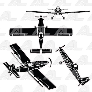 Puede incluir: Ilustración en blanco y negro de un avión pequeño en múltiples vistas. La imagen muestra el avión desde arriba, de lado y de frente, destacando sus alas, hélice y fuselaje. El diseño es de estilo silueta.