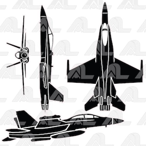 May include: Black and white silhouette of a fighter jet in three different views. The jet is a single-seat, twin-engine aircraft with a swept wing design.