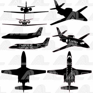 May include: A collection of black and gray airplane silhouettes in various views, including side profiles, top-down, and angled perspectives. The image showcases several different aircraft designs, suitable for aviation-themed projects or decor.