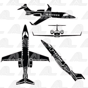 May include: Silhouette of four private jets in black against a white background. The jets are shown in different angles and sizes.