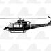 May include: A black silhouette of a helicopter with a single rotor blade. The helicopter has a large body and a long tail.
