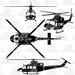 May include: Silhouettes of four black helicopters, each with a distinct design. The helicopters are shown in various positions, including top-down, side, and front views.