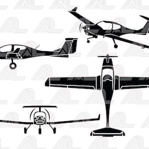 May include: Black and gray airplane silhouettes in various views. The image shows a top-down view, a side view, and a front view of the aircraft. The planes have wings, propellers, and tail fins. The design is simple and graphic.