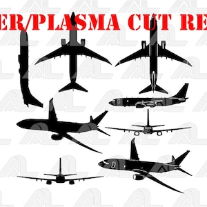 Könnte beinhalten: Schwarze Flugzeugsilhouetten in verschiedenen Ansichten, einschließlich Seiten-, Ober- und Frontprofilen. Der Text "LASER/PLASMA CUT READY" ist oben in Rot. Ideal für Bastel- oder Designprojekte.