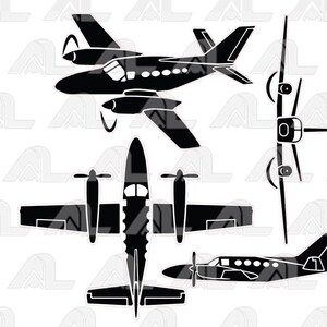 May include: Black and white illustration of a twin-engine airplane in multiple views. The image shows the plane from the side, top, front, and a three-quarter angle. The plane has propellers and a streamlined body.