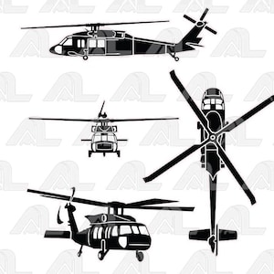 Może przedstawiać: Czarno-biała sylwetka helikoptera widziana z boku, góry i dołu. Helikopter ma długie, smukłe ciało z dużym rotorem na górze i mniejszym rotorem ogonowym.