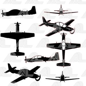 May include: A collection of black airplane silhouettes in various views, including side, top, and front profiles. The aircraft have propellers and wings, suitable for aviation enthusiasts or model builders.
