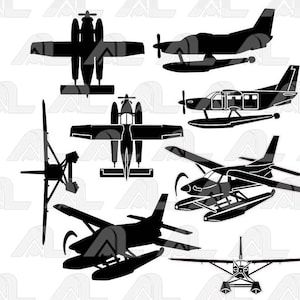 May include: A set of six black silhouette images of seaplanes. The seaplanes are in various positions, including flying, landing, and taking off. The images are simple and elegant, and would be perfect for use in a variety of projects.
