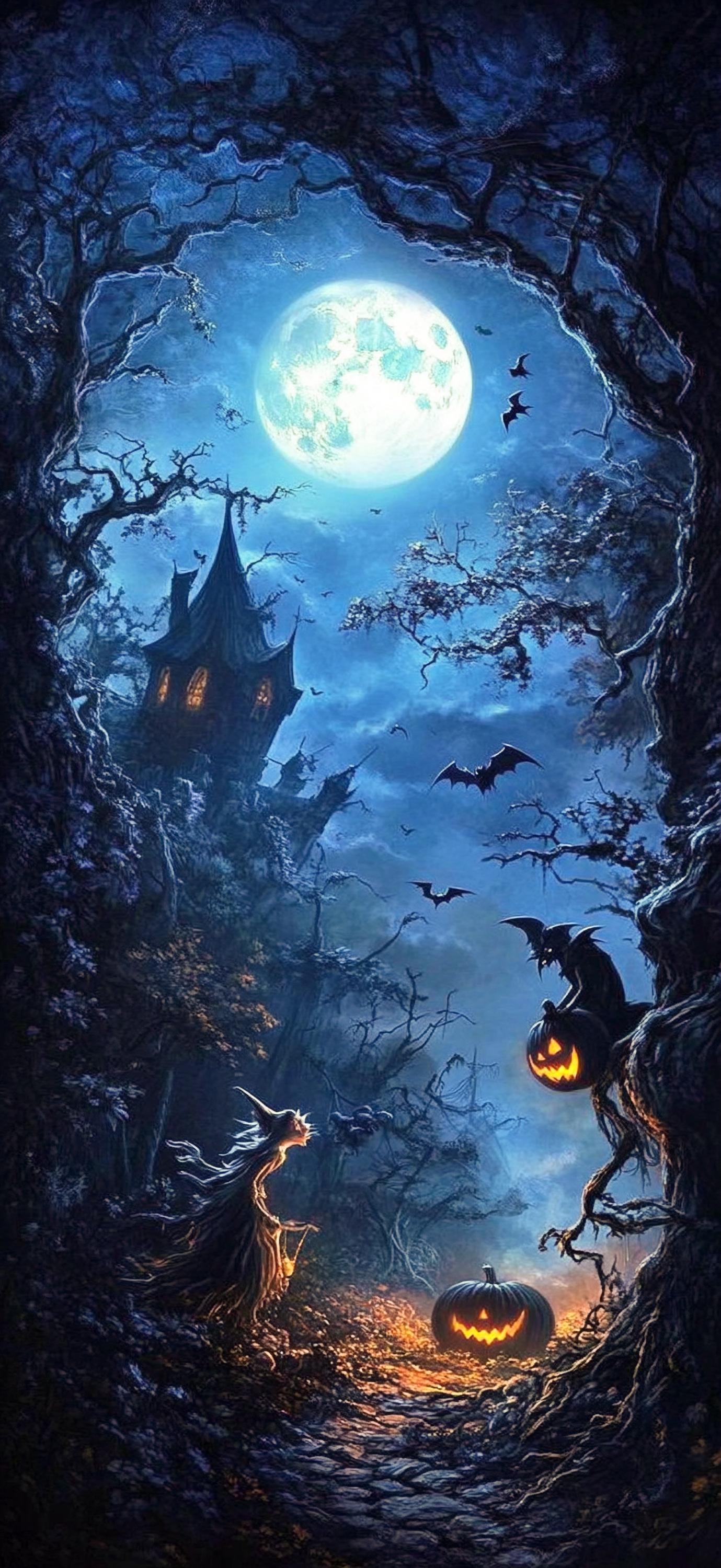 Haunting Halloween-telefoonachtergrond - gotische volle maan met heksen en  vleermuizen - iPhone, Android Dark Fantasy-achtergrond - Etsy België, image size:1379x3000