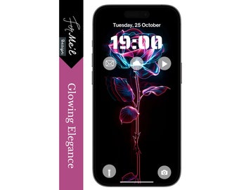 Neon Rose Phone Wallpaper for iPhone and Android, Modern Floral Design, Digital Art Background, Vibrant Neon Rose, Modern Floral Background