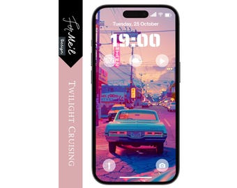 Retro Car in Neon Cityscape Wallpaper | High-Resolution Vintage Automotive Art for iPhone & Android | Stunning Urban Night Scene