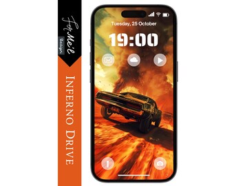 Apocalyptic Car in Fiery Landscape Wallpaper | High-Resolution Dynamic Art for iPhone & Android | Bold and Intense Automotive Background