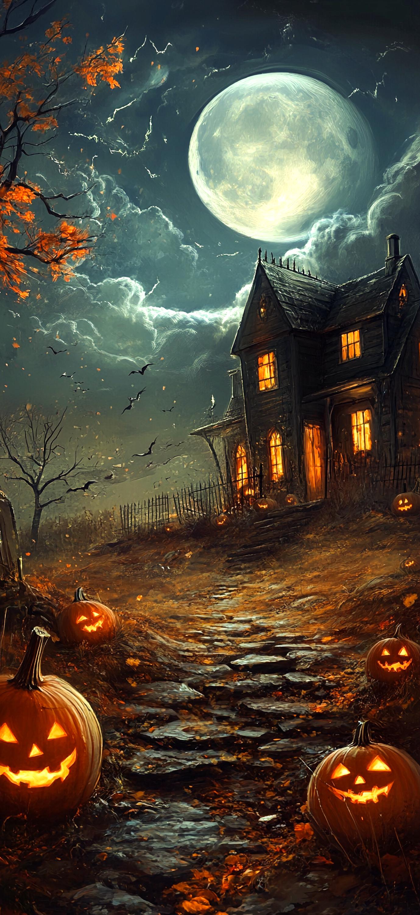 Spooky Haunted House Halloween Phone Wallpaper - Full Moon, Jack-o
