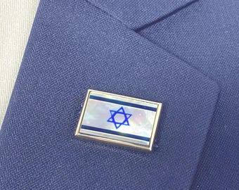 Israel Flag Lapel Pin, Mother of Pearl, Gemstone, Limited Edition, Handmade, USA.