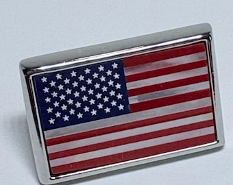 American Flag Pin: Mother of Pearl, Red Jasper, Rhodium Silver