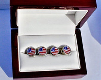 American Flag Tuxedo Stud Set, Gemstone, Limited Edition, Mother of Pearl, Handmade, USA.