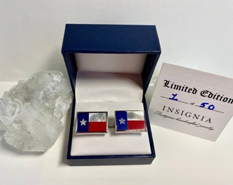 Texas Flag Cufflinks - Made in USA-Gemstones Mother of Pearl, Red Jasper, Blue Onyx. Limited Edition card signed by artist. Gift packaging.