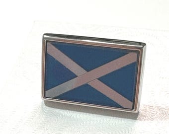 Scotland Flag Pin – Mother of Pearl, Blue Onyx, Rhodium Silver – Tartan Army Lapel Accessory
