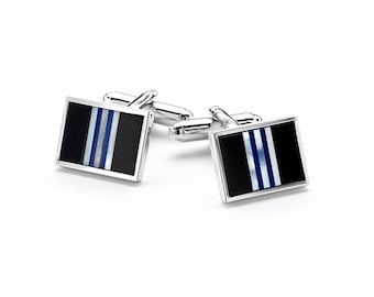 Black Onyx Mother of Pearl Lapis Cufflinks: Rhodium Silver Wedding Party Set