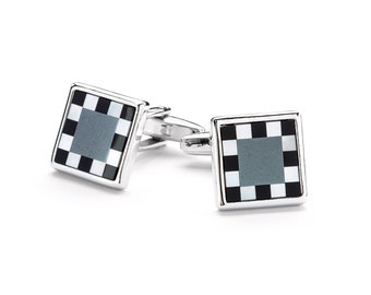 Hematite, Mother of Pearl & Onyx Cuff Links: Rhodium Silver, Handmade