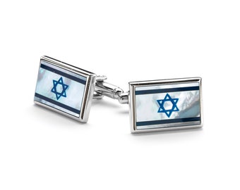 Mother of Pearl Israel Flag Cufflinks: Star of David, Insignia Gems