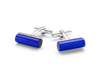Blue Cylinder Cat’s Eye Cuff Links, Gemstone, Limited Edition, Handmade, USA.