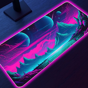 LED Gaming Mousepad, RGB desk mat, Vaporwave landscape, 4 sizes, xxl large, Lost in space, alien planet