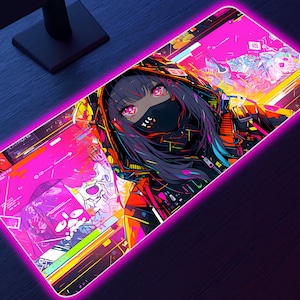 Anime Glitch RGB LED Gaming Mousepad: Customizable Lighting, Smooth Surface, Anti-Slip Base, high quality print - Elevate Your Gameplay!