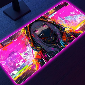 Anime Glitch RGB LED Gaming Mousepad: Customizable Lighting, Smooth Surface, Anti-Slip Base, high quality print - Elevate Your Gameplay!