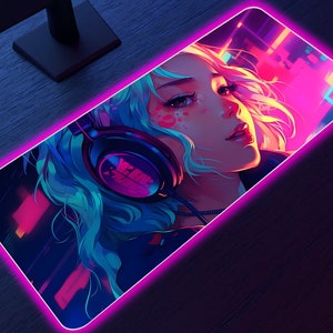 Anime girl LED Mousepad, Gaming mousepad with RGB lights, Cyberpunk girl, Neon Vaporwave, 4 sizes, xxl desk mat
