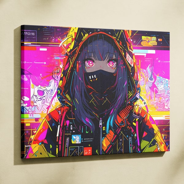 Glitch Anime Girl, Cyberpunk graffity, Matte Canvas Wall Art, Framed Colorful Painting, Modern AI Art, Home Decor, Stretched, 0.75"