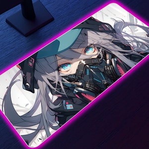 Anime Mädchen LED Gaming Mauspad, Gaming Schreibtischmatte RGB LED, xxl Mousepad, Tastaturmatte, großes Mousepad, Gamer Geschenk, Cyberpunk, Anime Mousepad