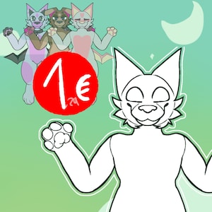 Puede incluir: Ilustración digital de un personaje de perro de dibujos animados con un contorno blanco, brazos levantados y una huella de pata. Arriba, se representan tres personajes caninos coloridos. Un círculo rojo con el número 1 y el símbolo del euro está en el centro.