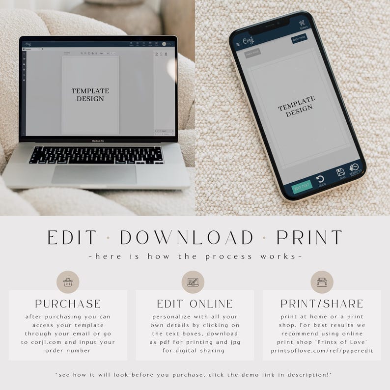 Może przedstawiać: Laptop i smartfon wyświetlające projekt szablonu. Obraz zawiera tekst "EDIT DOWNLOAD PRINT" oraz instrukcje dotyczące zakupu, edycji i drukowania szablon&oacute;w. Tło jest neutralne beżowe.
